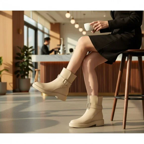 Vince Kaelyn Water Resistant Dune Beige Chunky Heel Moto Combat Boot, Size 8.5 - Picture 2 of 9